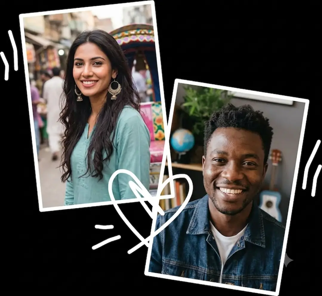 “Two polaroid-style photos joined by a hand-drawn heart, showing a smiling woman and a smiling man from different backgrounds — representing the meaningful, soul-aligned connections possible on Awareness Match, a spiritual dating community.”